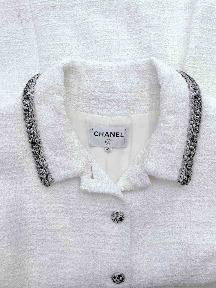 Top Quality Chanel CC Logo Lesage Tweed Fringy Fitted Mini Dress White