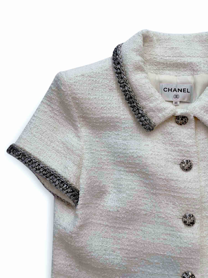 Top Quality Chanel CC Logo Lesage Tweed Fringy Fitted Mini Dress White