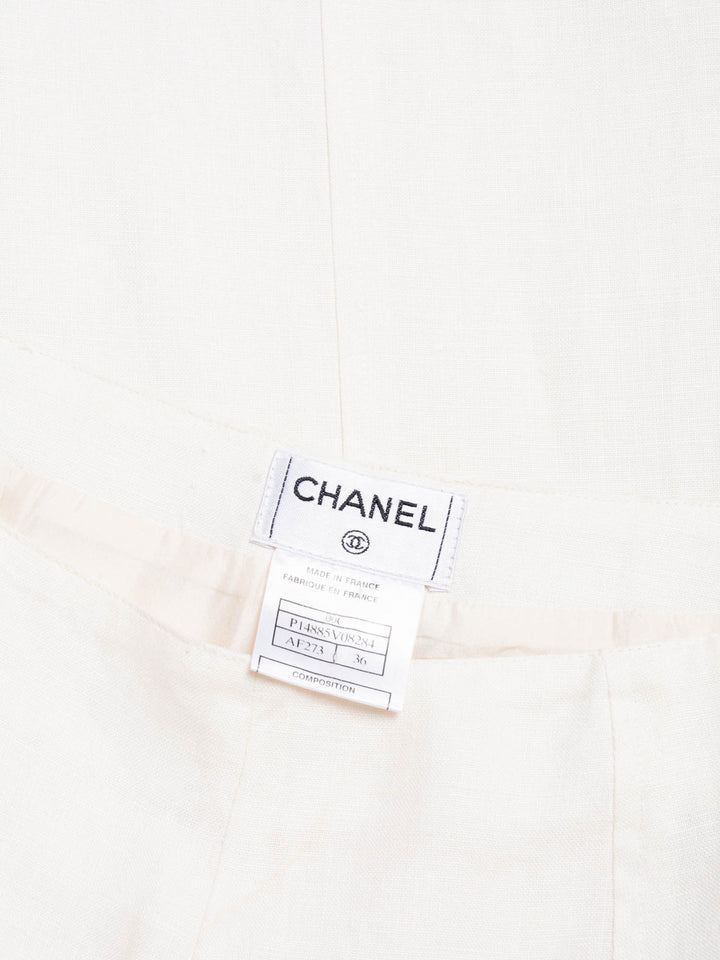 Top Quality Chanel CC Logo Linen High Waisted Straight Leg Pants Ivory