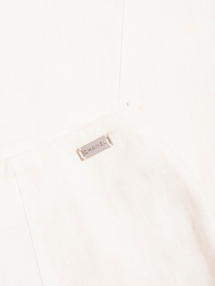 Top Quality Chanel CC Logo Linen High Waisted Straight Leg Pants Ivory