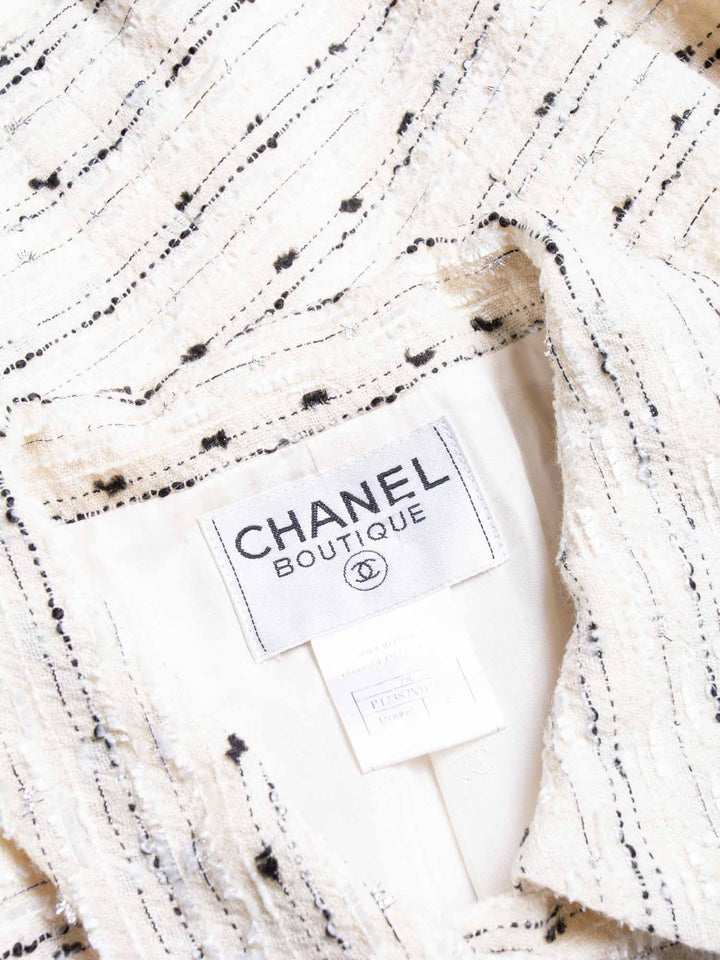 Top Quality Chanel CC Logo Lurex Tweed Cropped Jacket Ivory Black