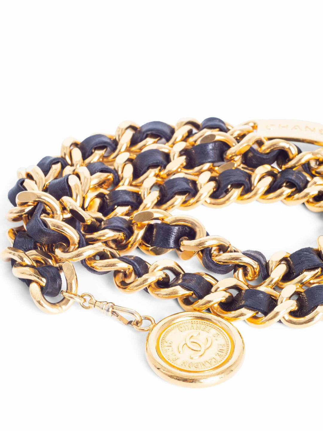 Top Quality Chanel CC Logo Medallion 24K Gold Chain Leather Belt Black