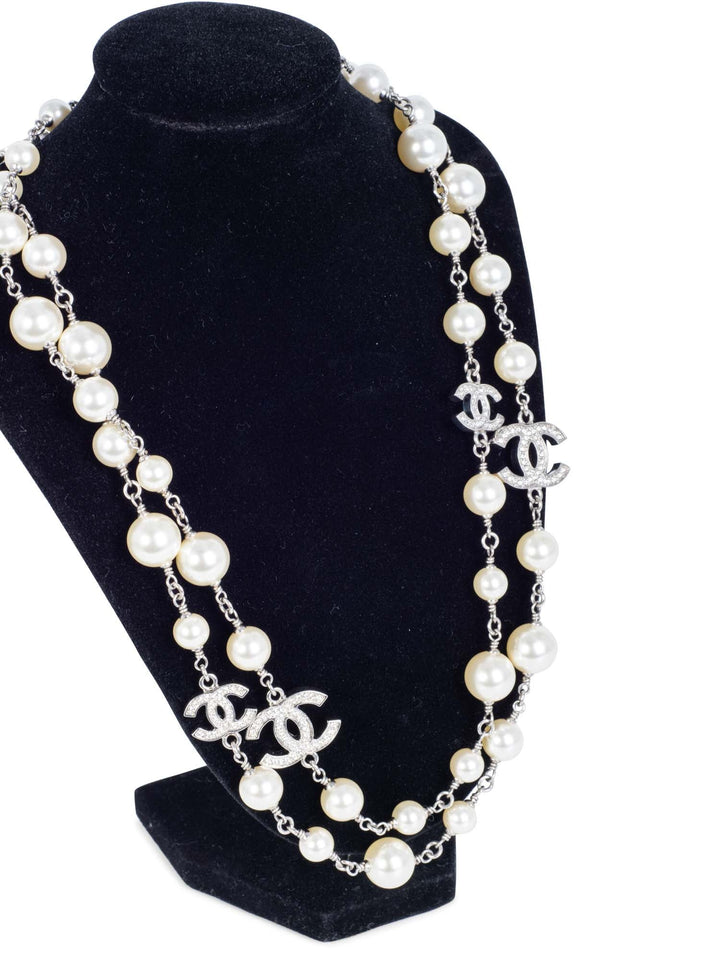 Top Quality Chanel CC Logo Pearl Crystal Necklace Silver