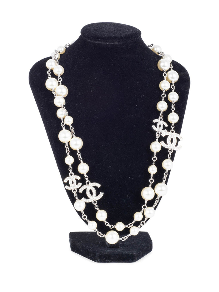 Top Quality Chanel CC Logo Pearl Crystal Necklace Silver