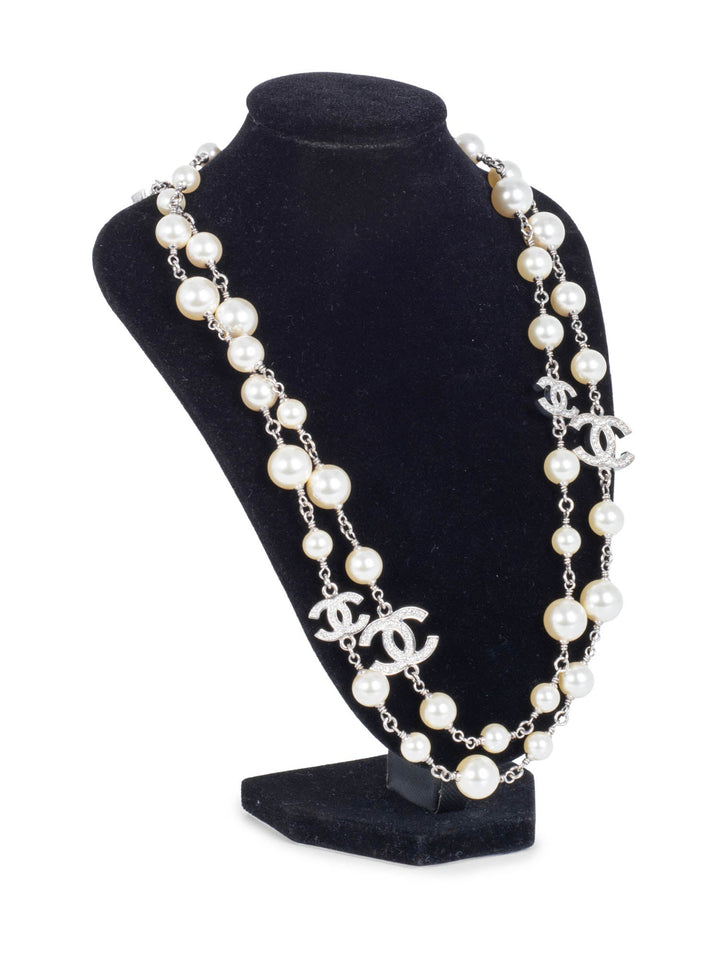 Top Quality Chanel CC Logo Pearl Crystal Necklace Silver