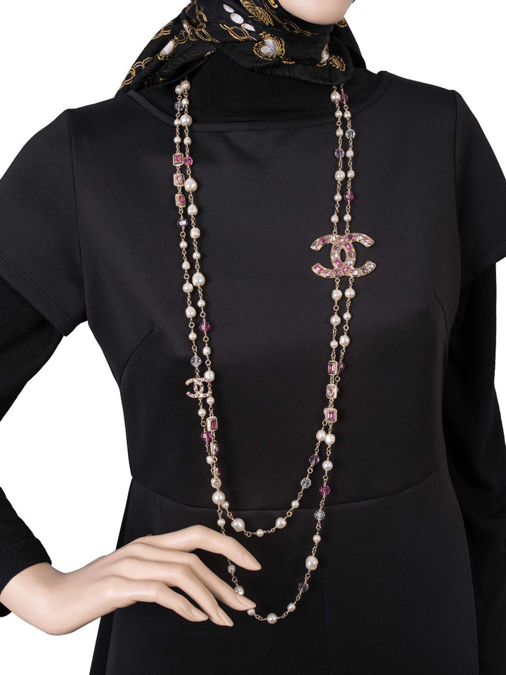 Top Quality Chanel CC Logo Pearl Crystals Long Necklace Gold