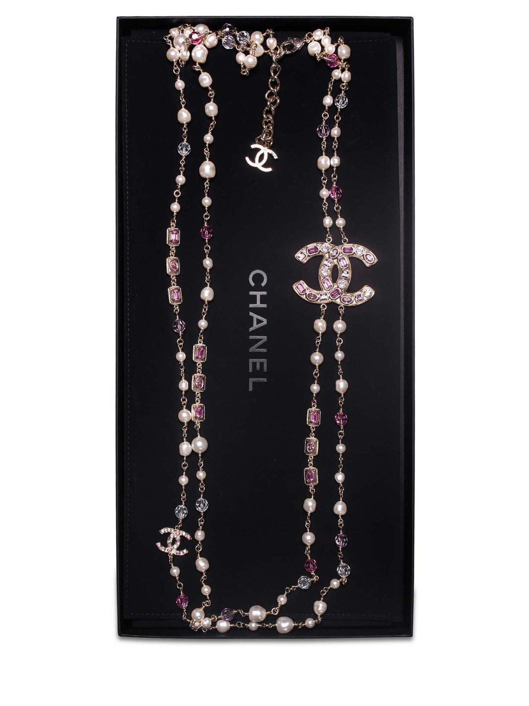 Top Quality Chanel CC Logo Pearl Crystals Long Necklace Gold