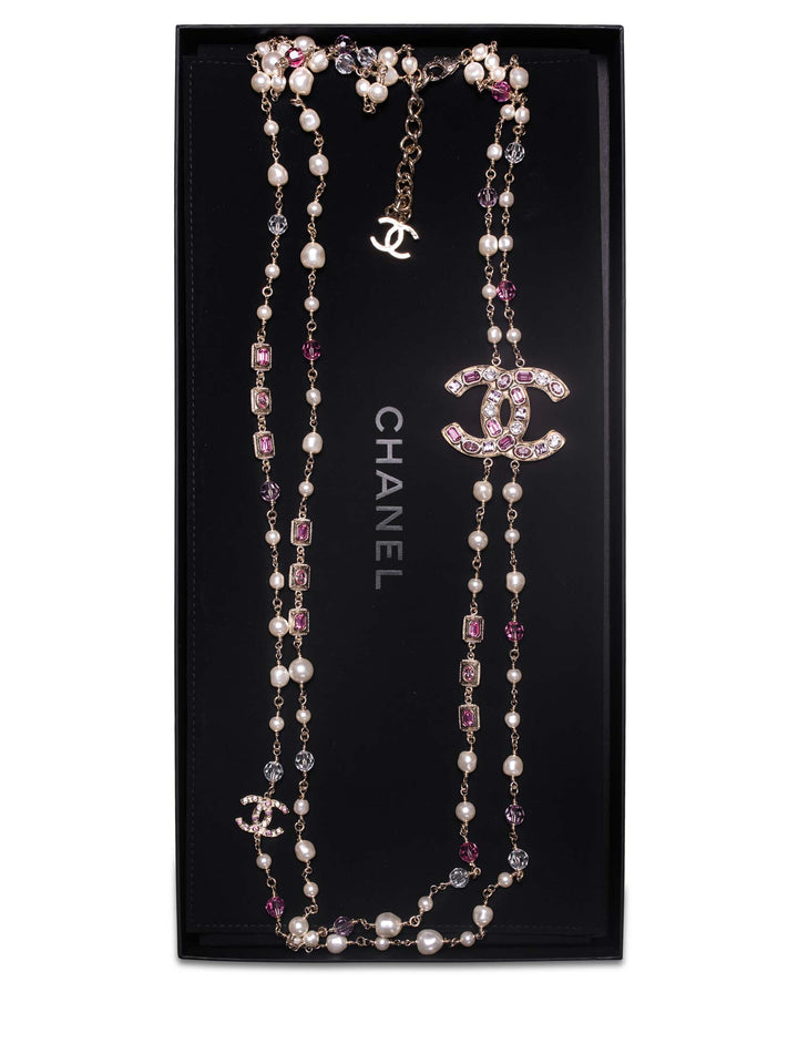 Top Quality Chanel CC Logo Pearl Crystals Long Necklace Gold