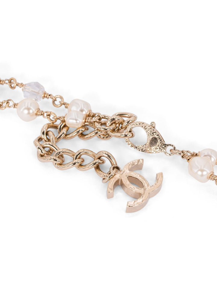 Top Quality Chanel CC Logo Pearl Crystals Long Necklace Gold