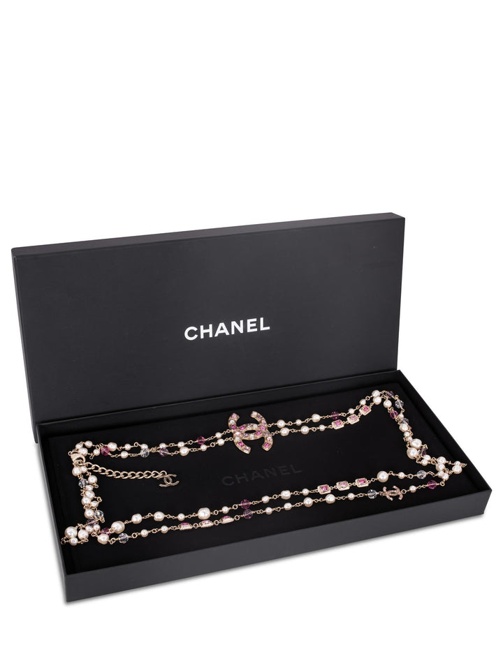Top Quality Chanel CC Logo Pearl Crystals Long Necklace Gold