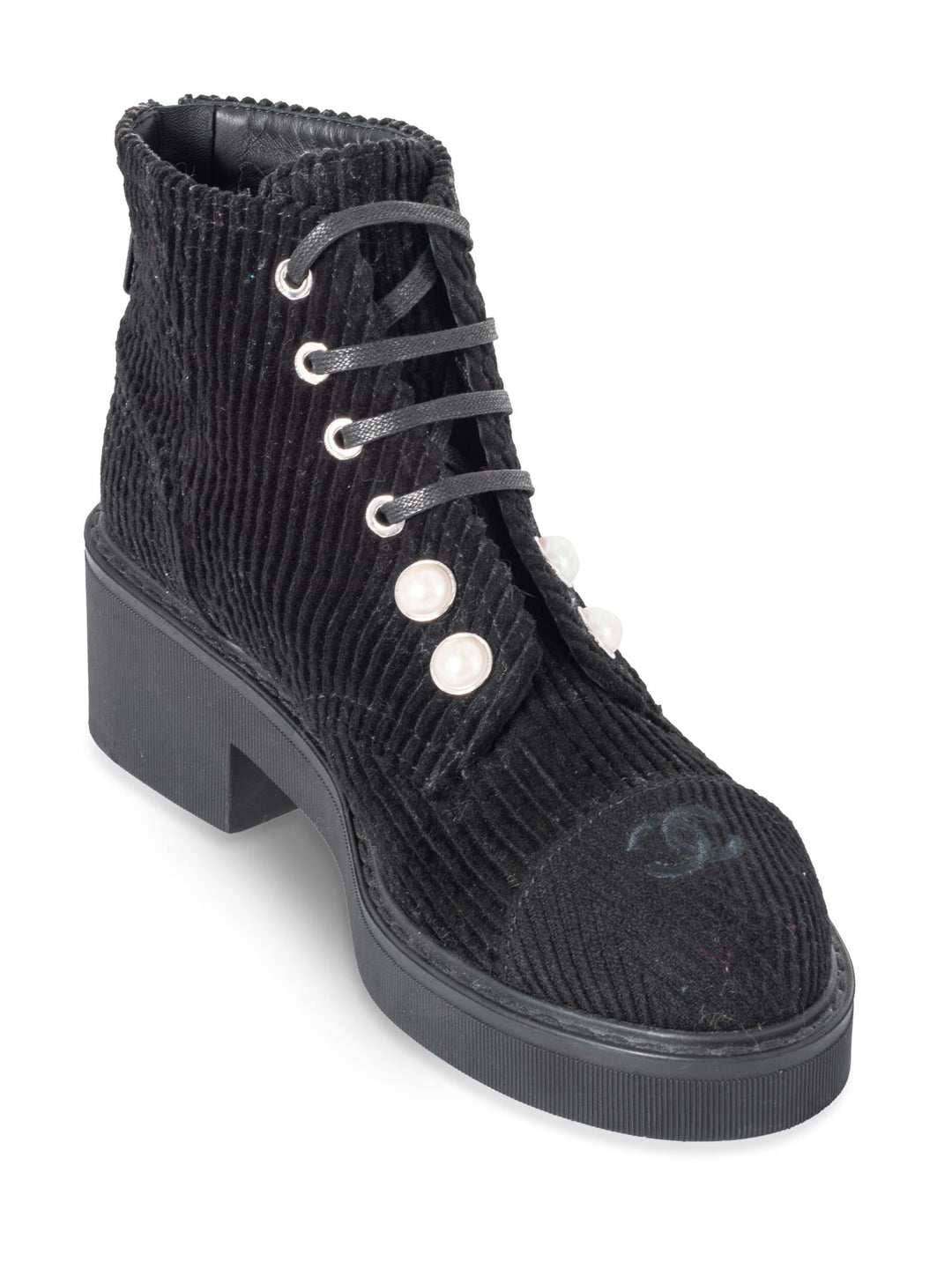 Top Quality Chanel CC Logo Pearl Lace Up Corduroy Boots Black