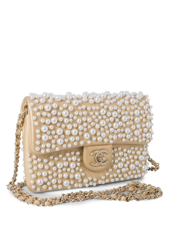 Top Quality Chanel CC Logo Pearl Mini Flap Messenger Bag Gold