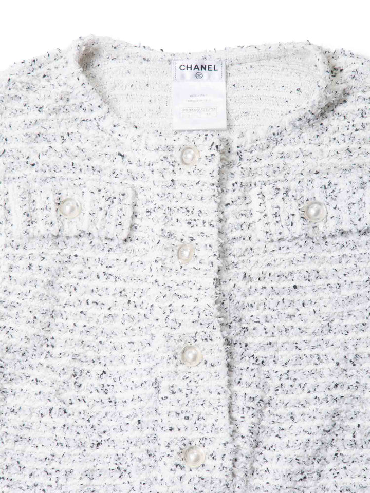 Top Quality Chanel CC Logo Pearl Tweed Fringe Sleeveless Blouse White