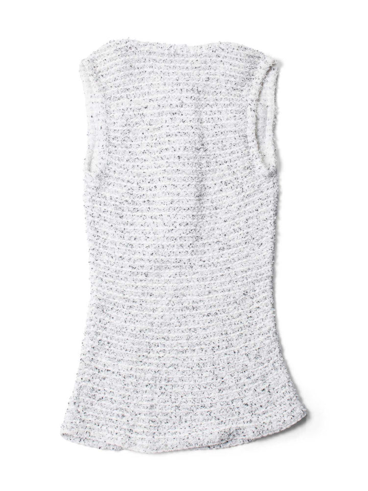 Top Quality Chanel CC Logo Pearl Tweed Fringe Sleeveless Blouse White