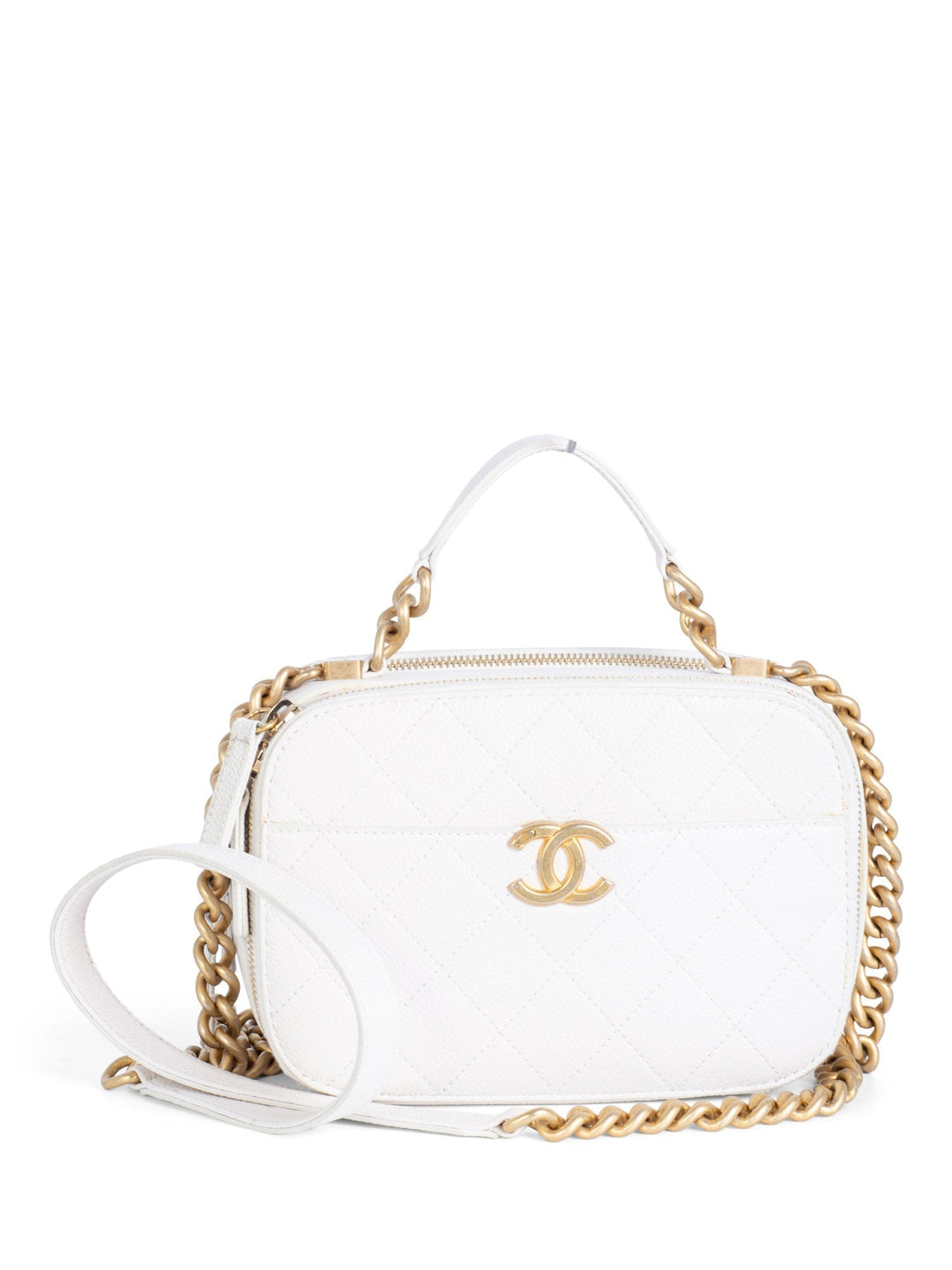 Top Quality Chanel CC Logo Quilted Caviar Camera Messenger Bag White