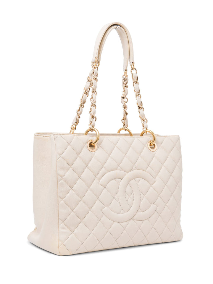 Top Quality Chanel CC Logo Quilted Caviar Leather Shopper Bag Beige Gold