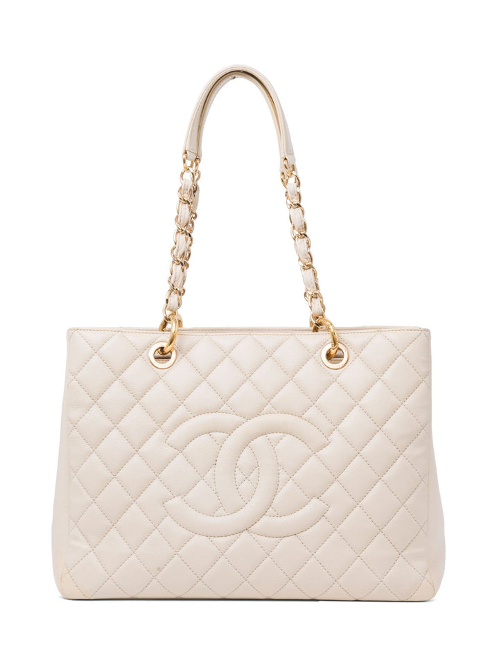 Top Quality Chanel CC Logo Quilted Caviar Leather Shopper Bag Beige Gold