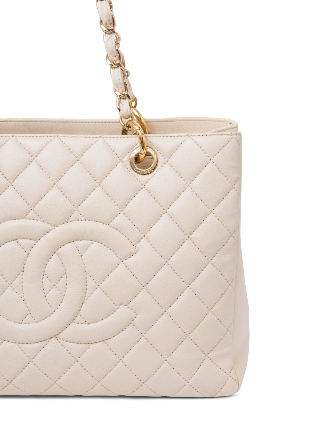 Top Quality Chanel CC Logo Quilted Caviar Leather Shopper Bag Beige Gold