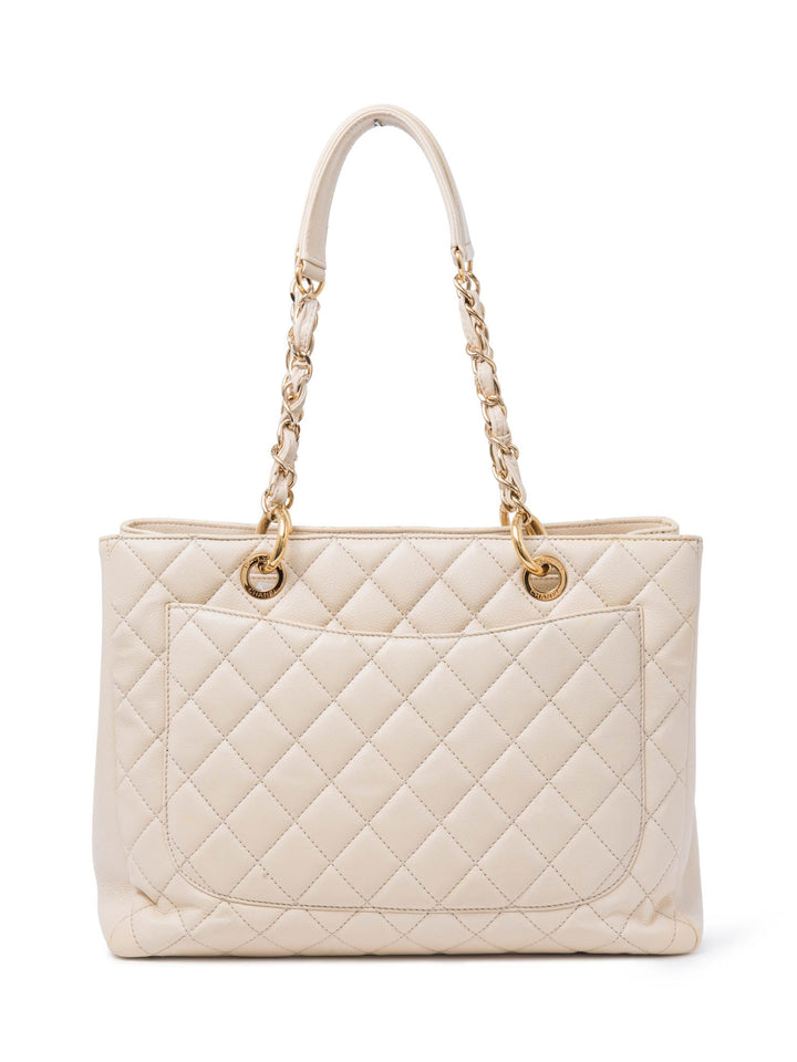 Top Quality Chanel CC Logo Quilted Caviar Leather Shopper Bag Beige Gold