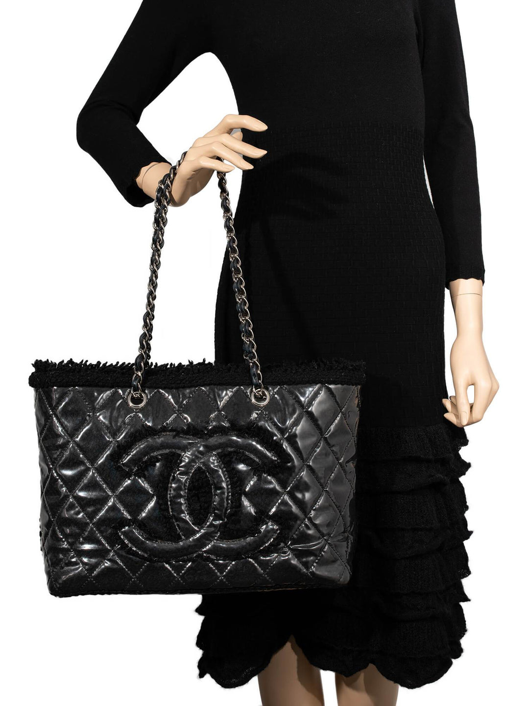 Top Quality Chanel CC Logo Quilted Fringe Shopper Bag Black