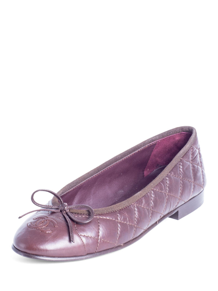 Top Quality Chanel CC Logo Quilted Leather Bowtie Cap Toe Ballet Flats Brown