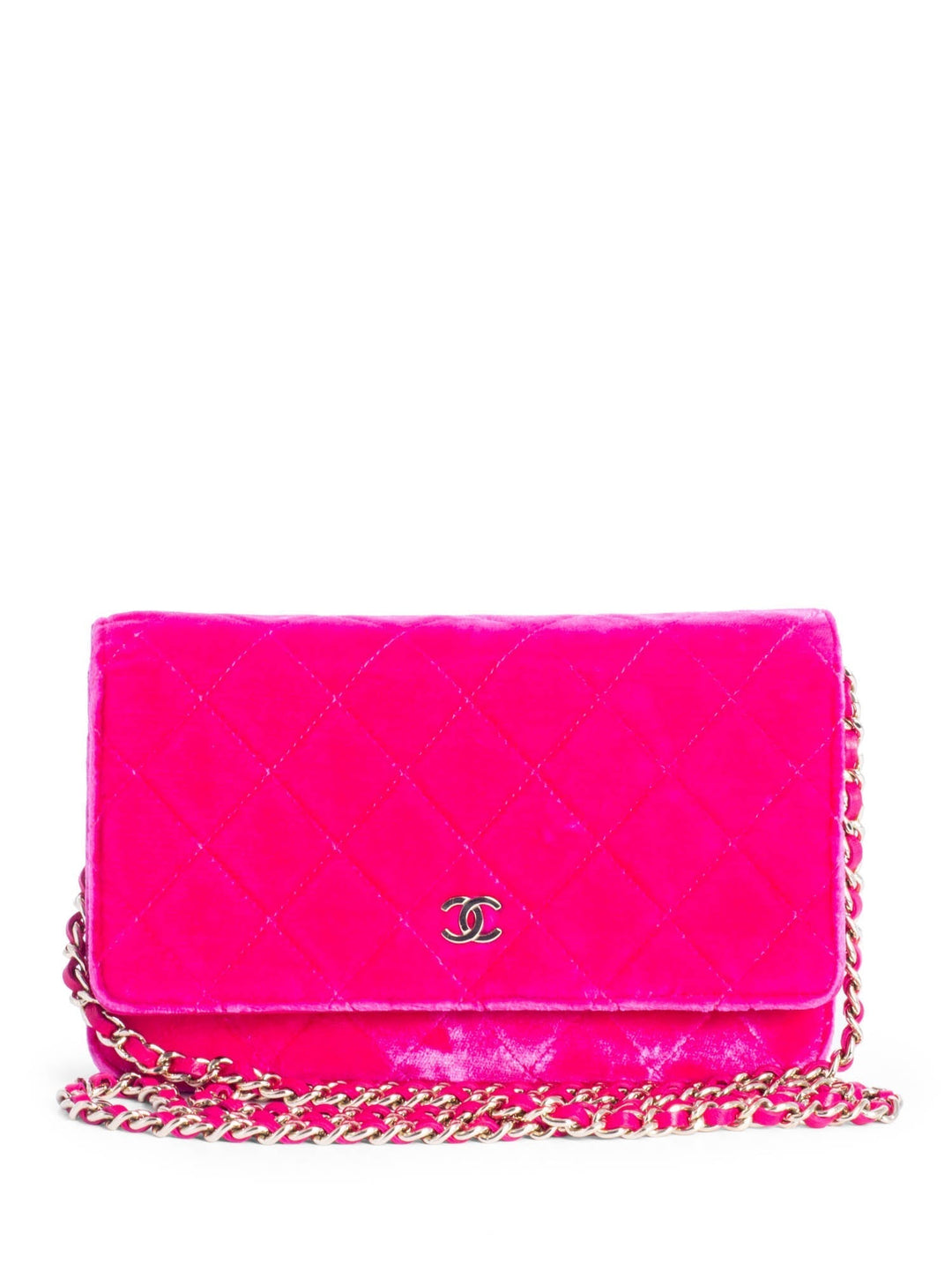 Top Quality Chanel CC Logo Quilted Velvet Messenger Wallet on Chain Hot Pink