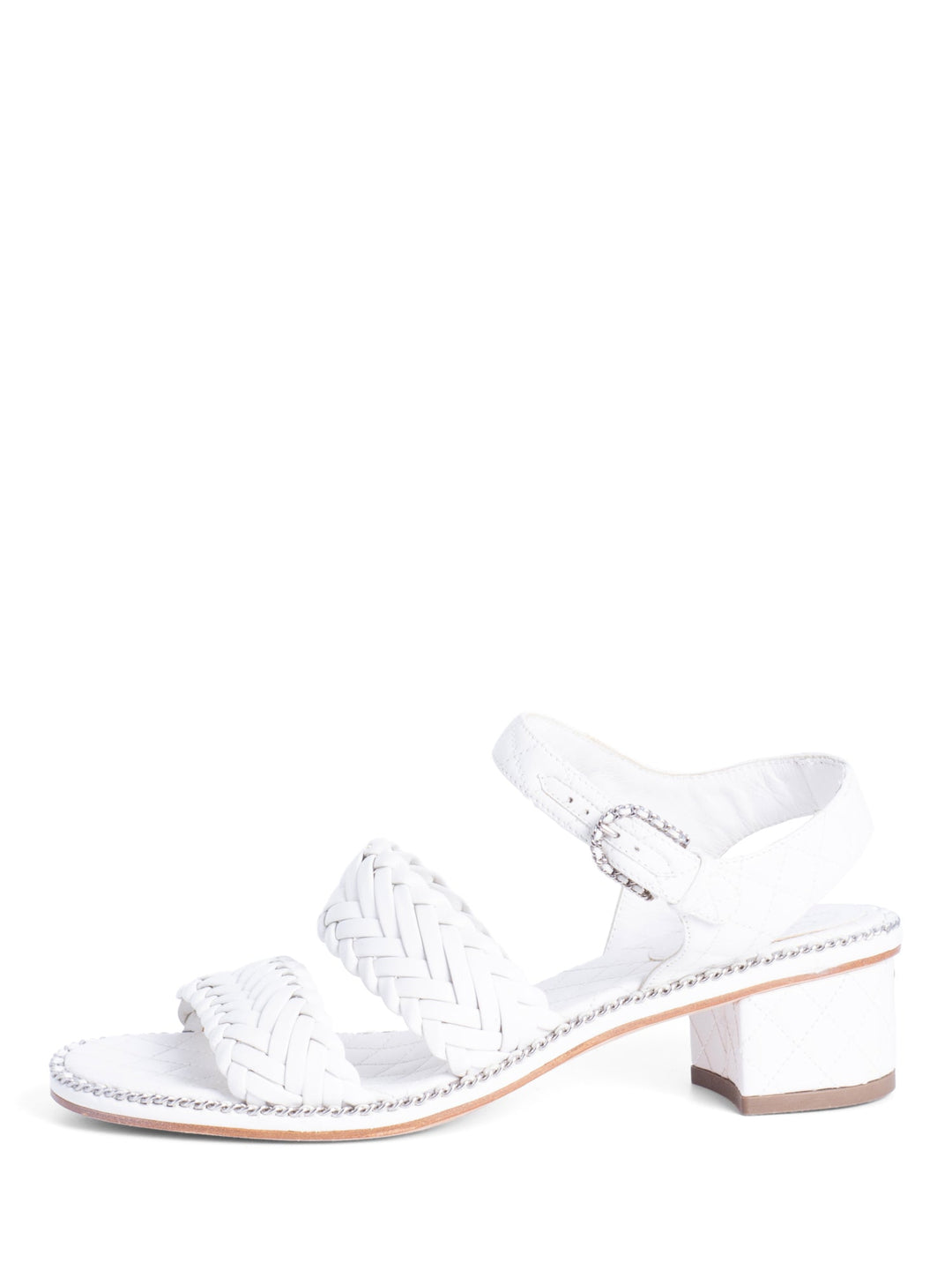 Top Quality Chanel CC Logo Quilted Woven Chain Block Heel Sandal White