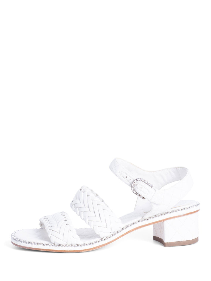 Top Quality Chanel CC Logo Quilted Woven Chain Block Heel Sandal White