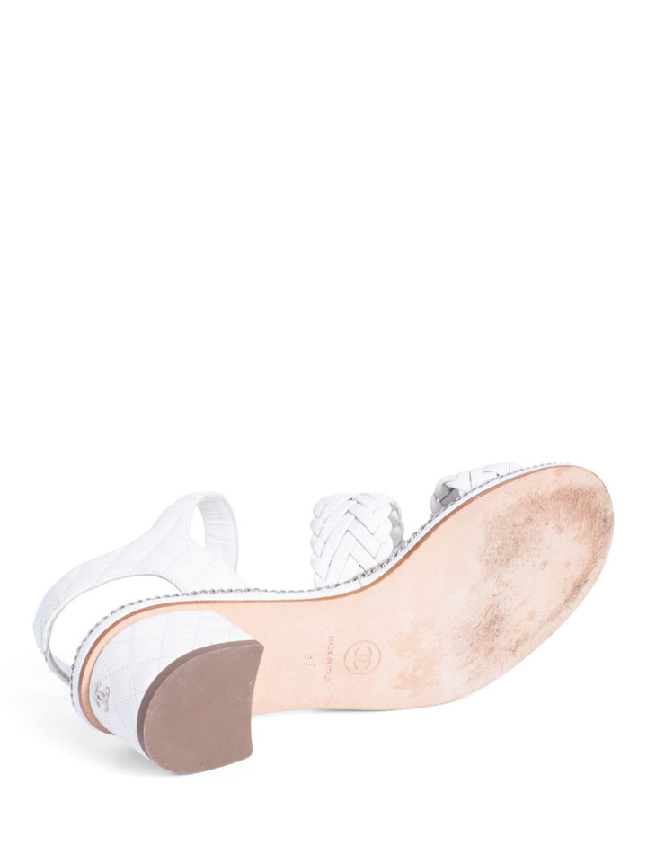 Top Quality Chanel CC Logo Quilted Woven Chain Block Heel Sandal White