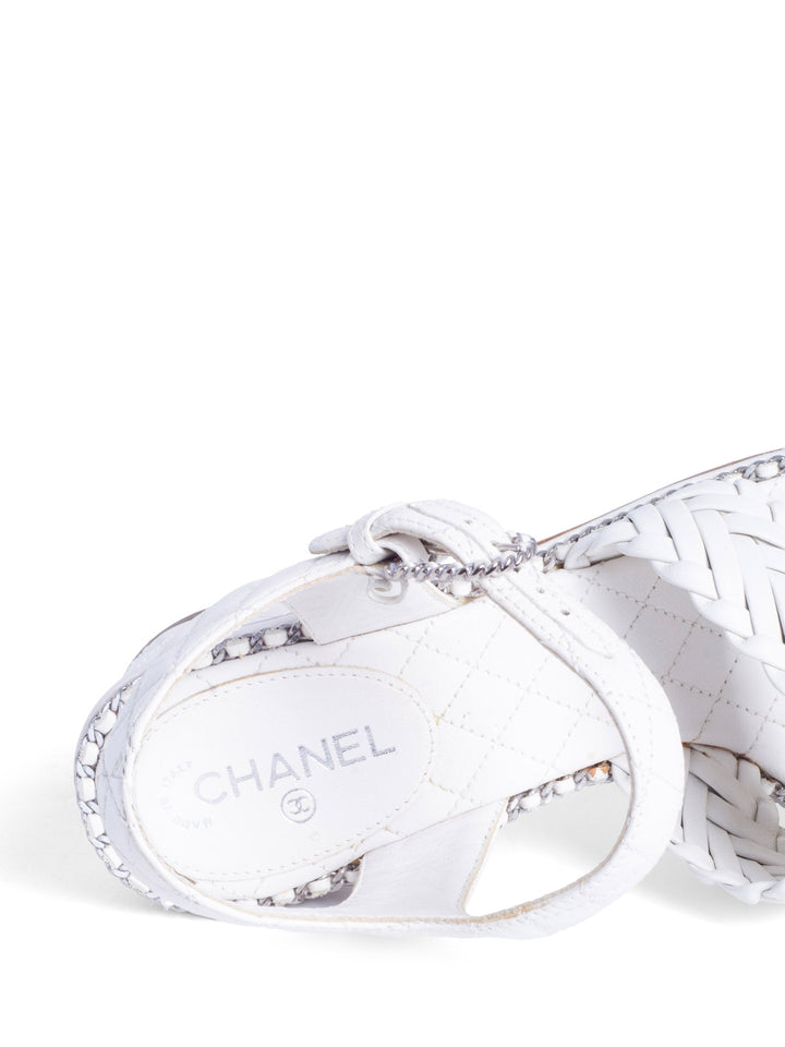 Top Quality Chanel CC Logo Quilted Woven Chain Block Heel Sandal White