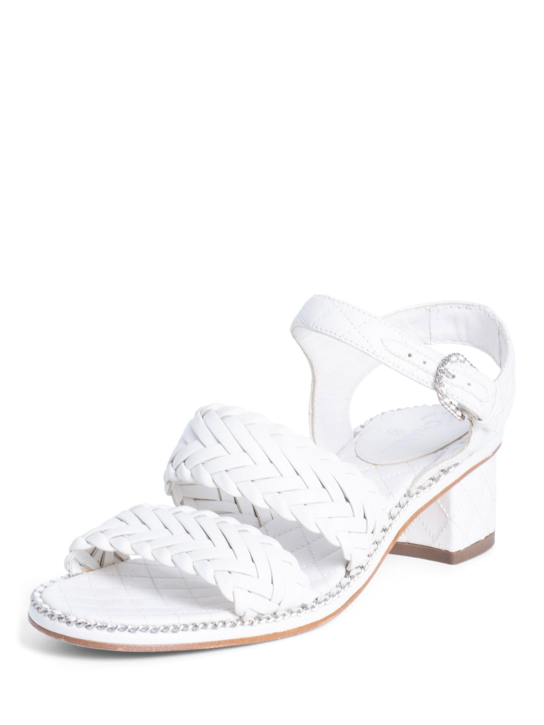 Top Quality Chanel CC Logo Quilted Woven Chain Block Heel Sandal White