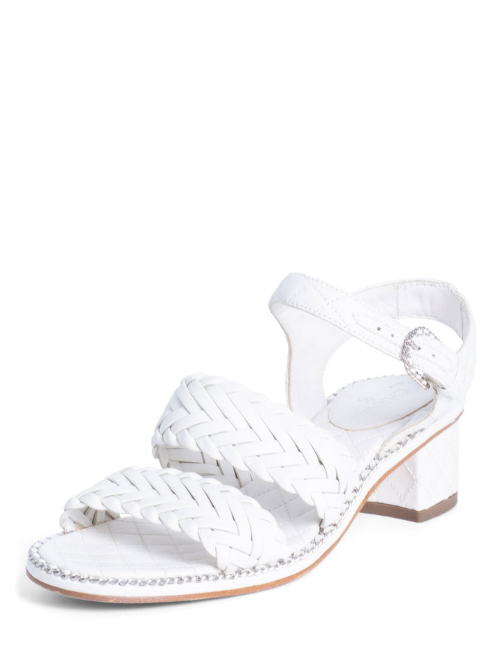 Top Quality Chanel CC Logo Quilted Woven Chain Block Heel Sandal White