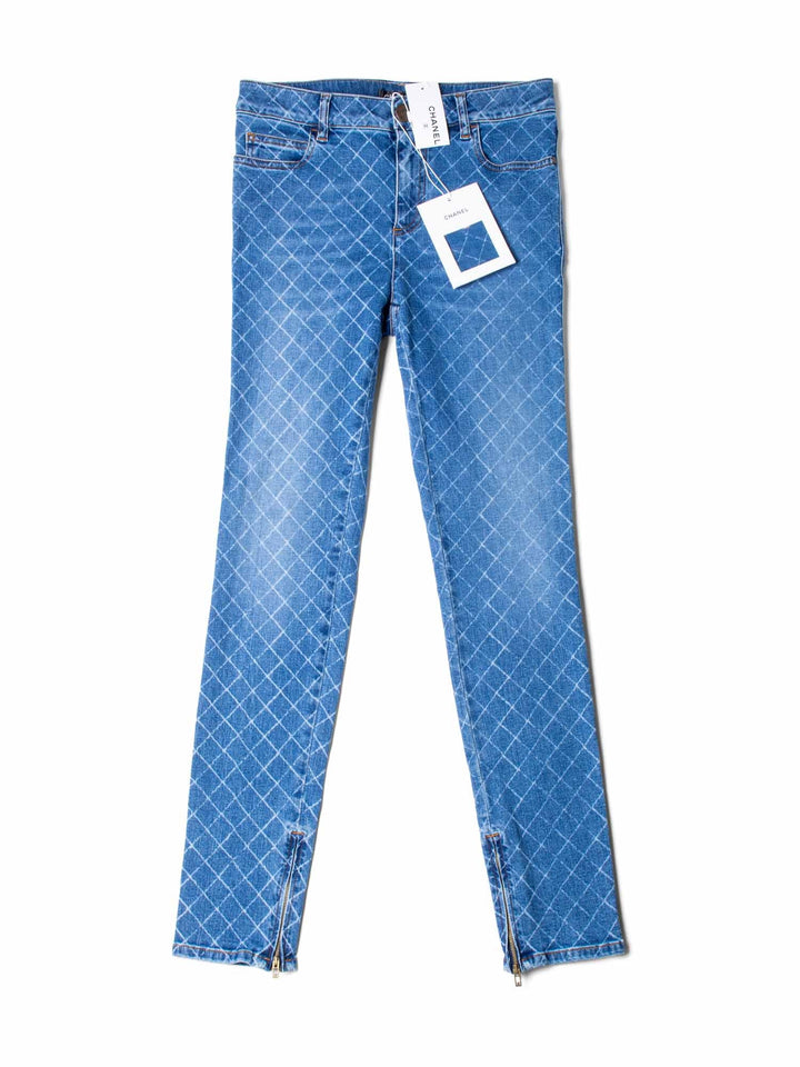 Top Quality Chanel CC Logo Quilted Zippered Skinny Denim Jeans Blue