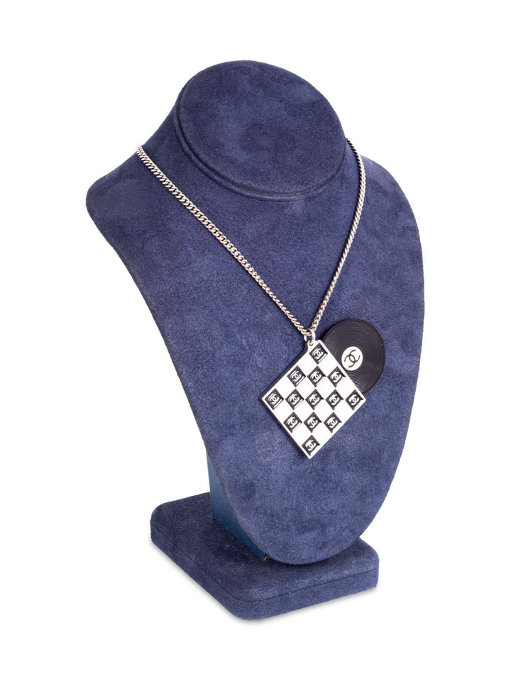 Top Quality Chanel CC Logo Record Player Silver Necklace Black
