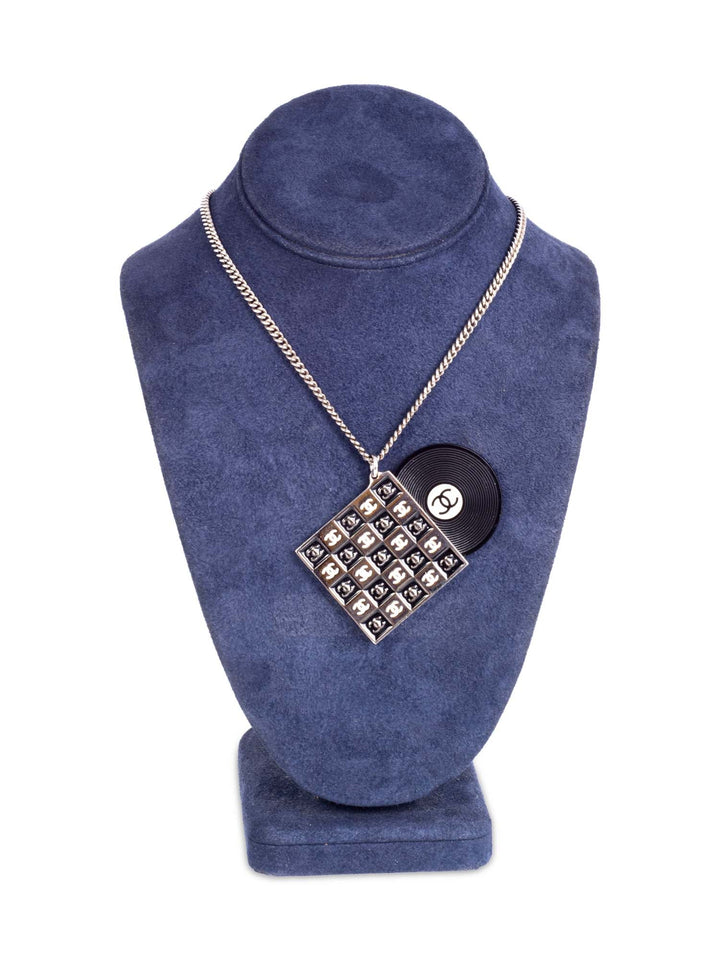 Top Quality Chanel CC Logo Record Player Silver Necklace Black