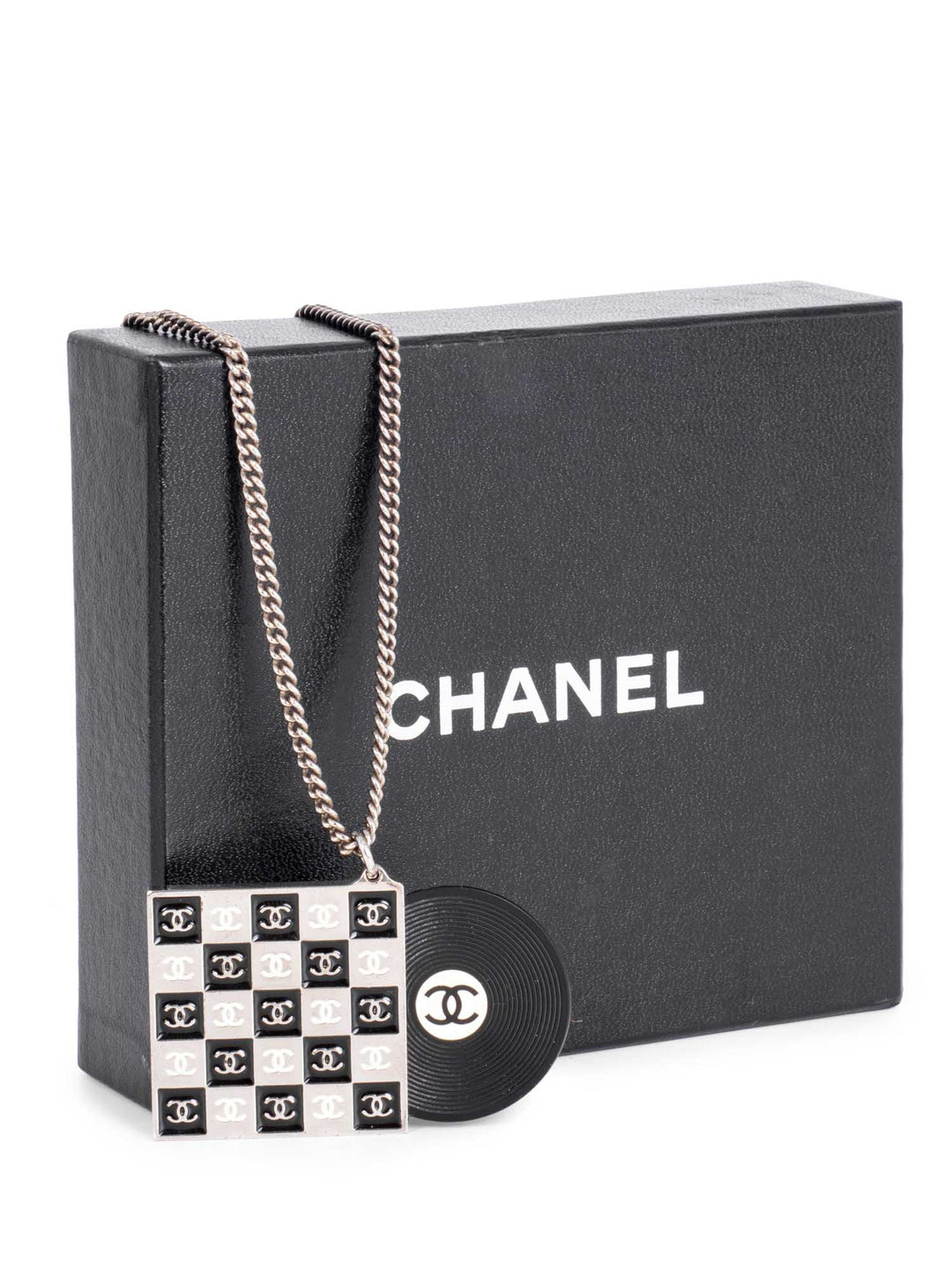 Top Quality Chanel CC Logo Record Player Silver Necklace Black