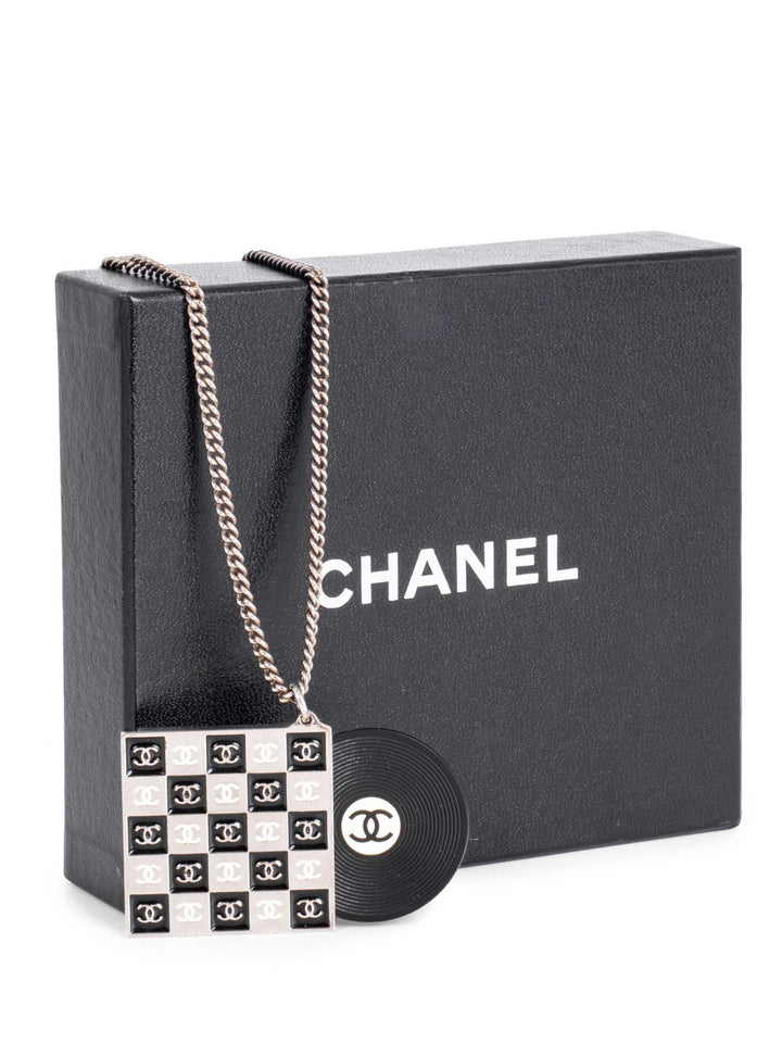 Top Quality Chanel CC Logo Record Player Silver Necklace Black