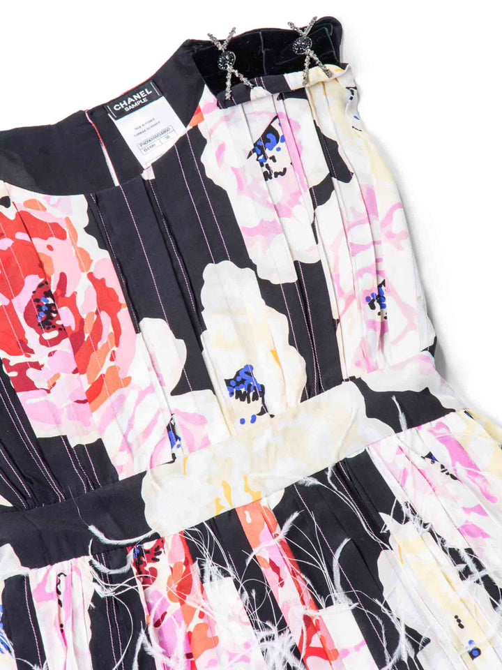 Top Quality Chanel CC Logo Runway Silk Feathered Cameilla A-Line Dress Multicolor