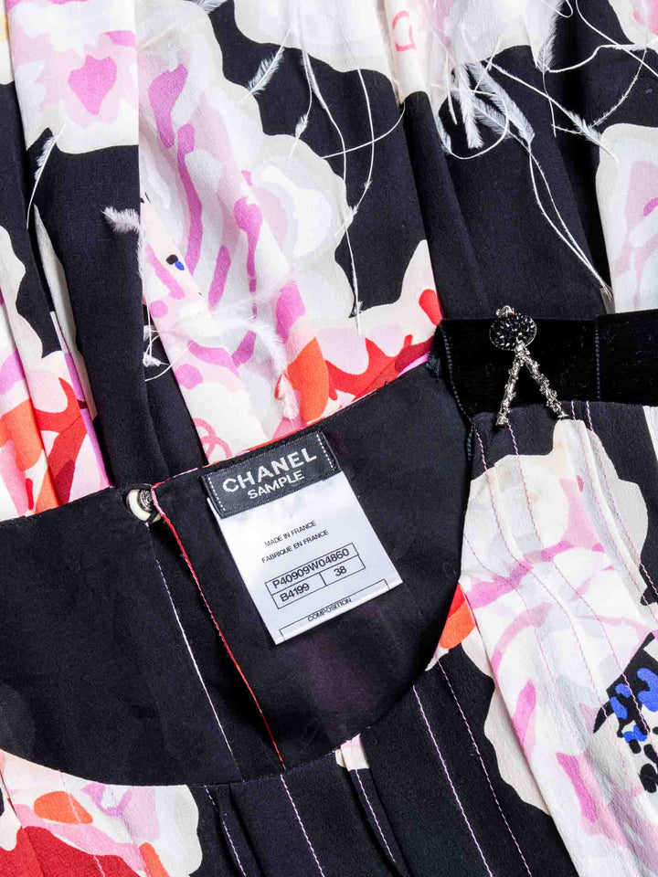 Top Quality Chanel CC Logo Runway Silk Feathered Cameilla A-Line Dress Multicolor