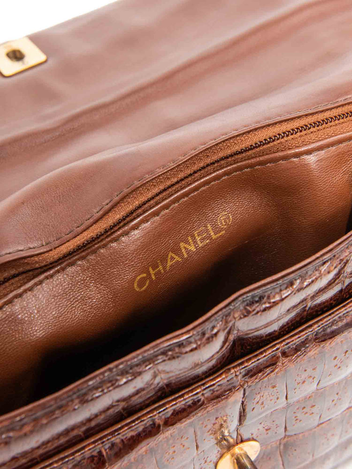 Top Quality Chanel CC Logo Shiny Crocodile Jumbo Flap Messenger Bag Brown