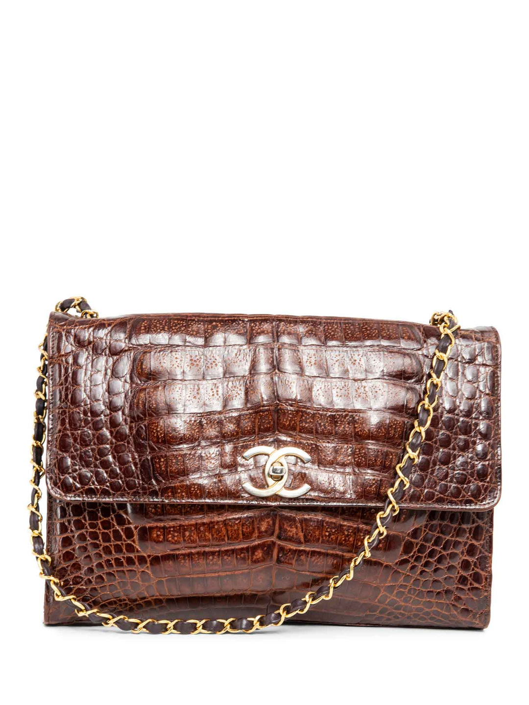 Top Quality Chanel CC Logo Shiny Crocodile Jumbo Flap Messenger Bag Brown
