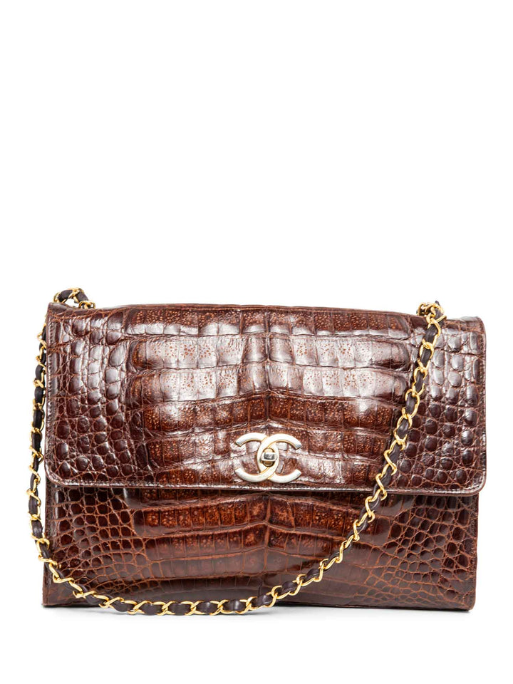 Top Quality Chanel CC Logo Shiny Crocodile Jumbo Flap Messenger Bag Brown