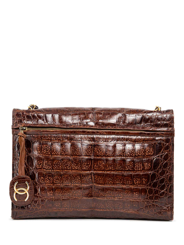 Top Quality Chanel CC Logo Shiny Crocodile Jumbo Flap Messenger Bag Brown