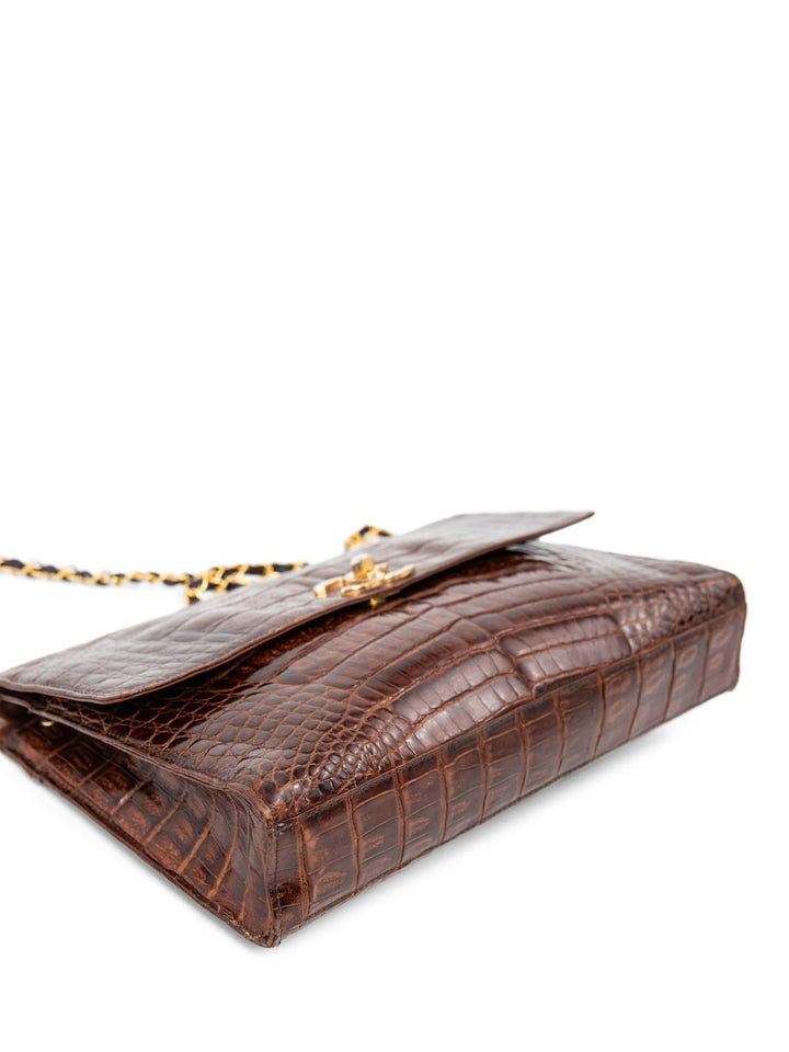 Top Quality Chanel CC Logo Shiny Crocodile Jumbo Flap Messenger Bag Brown