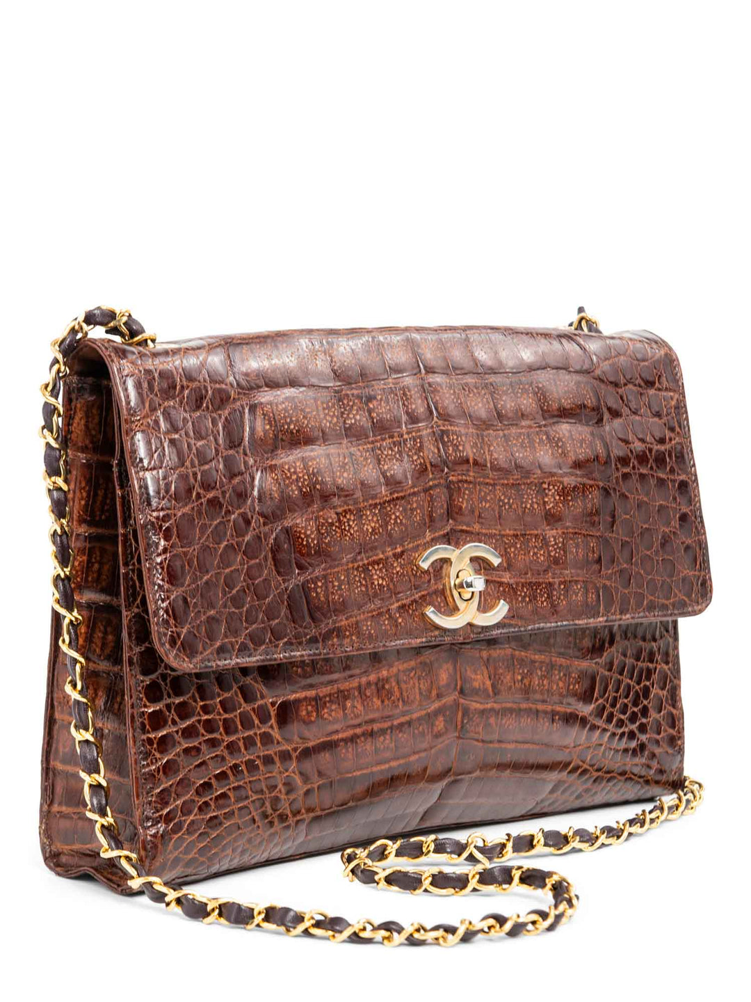 Top Quality Chanel CC Logo Shiny Crocodile Jumbo Flap Messenger Bag Brown