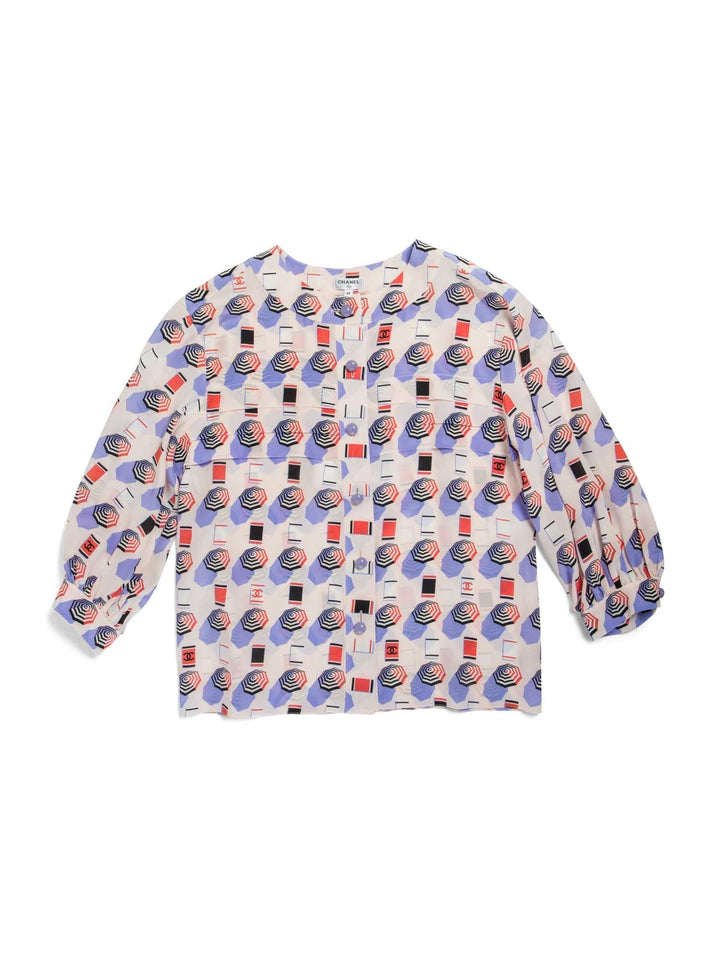 CHANEL CC Logo Silk Beach Motif Blouse Pink-designer resale