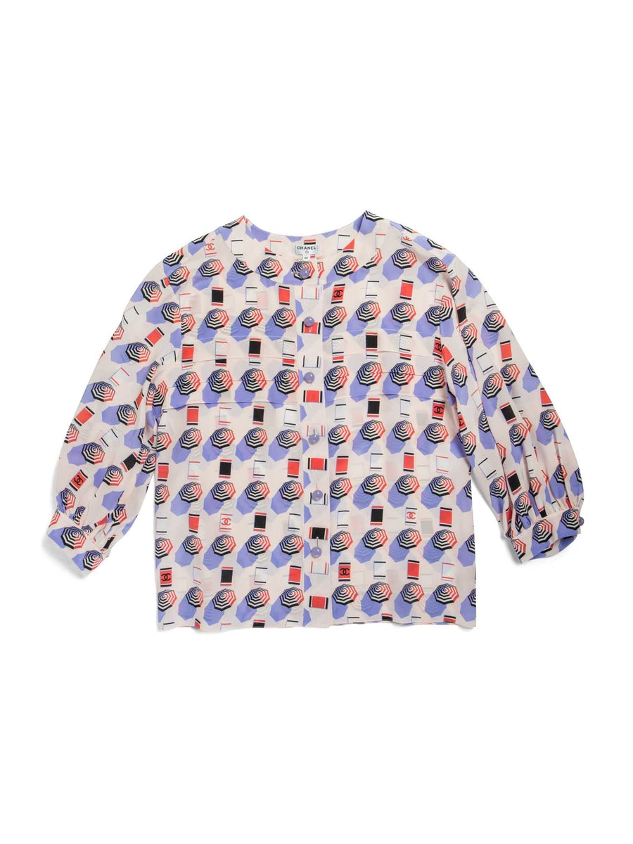 CHANEL CC Logo Silk Beach Motif Blouse Pink-designer resale