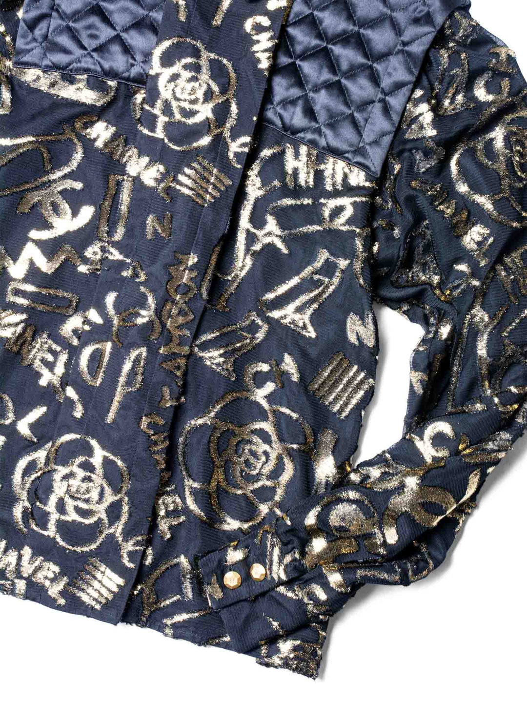 Top Quality Chanel CC Logo Silk New York Graffiti Button Up Blouse Black Gold