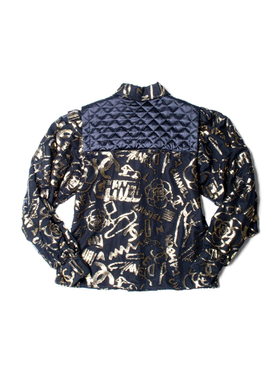 Top Quality Chanel CC Logo Silk New York Graffiti Button Up Blouse Black Gold