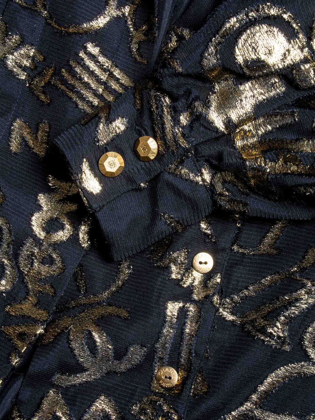 Top Quality Chanel CC Logo Silk New York Graffiti Button Up Blouse Black Gold